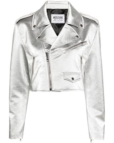 Moschino Jeans Metallic-finish Notched-lapels Cropped Jacket - Grey