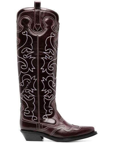 Ganni Embroidered Knee-high Leather Cowboy Boots - Black