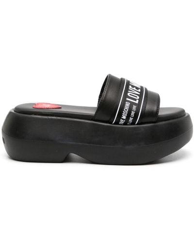 Love Moschino 75mm Platform Leather Slides - Black