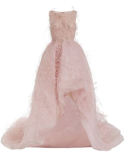 Marchesa Feather-embellished Flared Gown - Pink