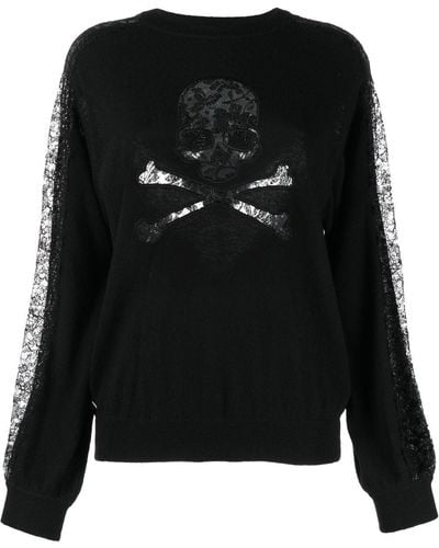 Philipp Plein Lace-panelling Skull-print Sweatshirt - Black