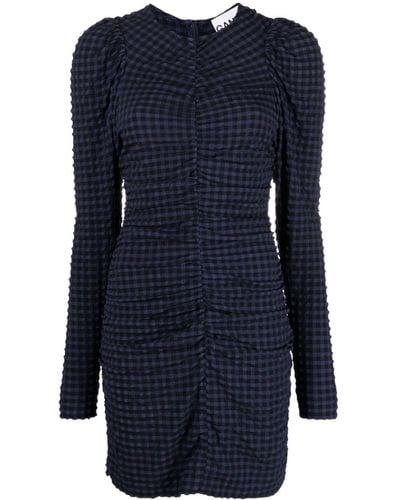 Ganni Gingham Seersucker Minidress - Blue