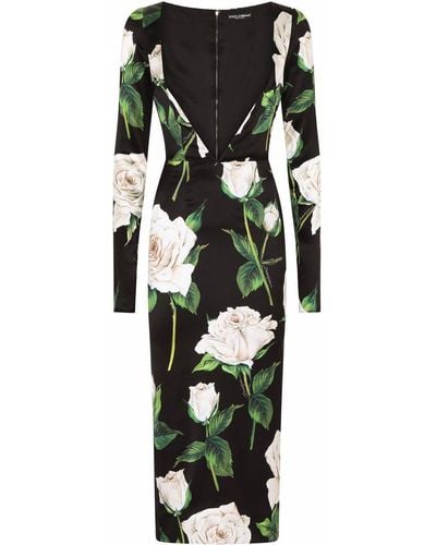 Dolce & Gabbana Vestido midi con estampado de rosas - Negro