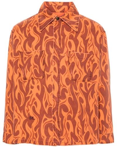 ERL Canvas-Hemdjacke mit Flammen-Print - Orange