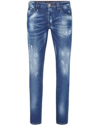 Philipp Plein Jean droit à effet usé - Bleu