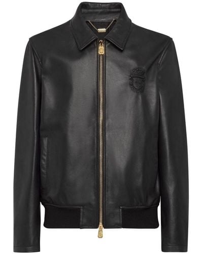Billionaire Crest-embossed Leather Bomber Jacket - Black