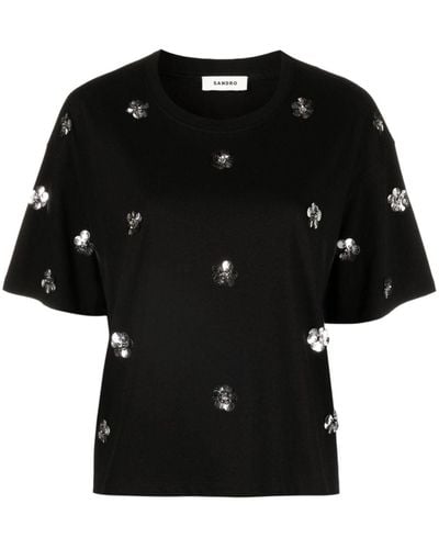 Sandro Floral-embellished Cotton T-shirt - Black