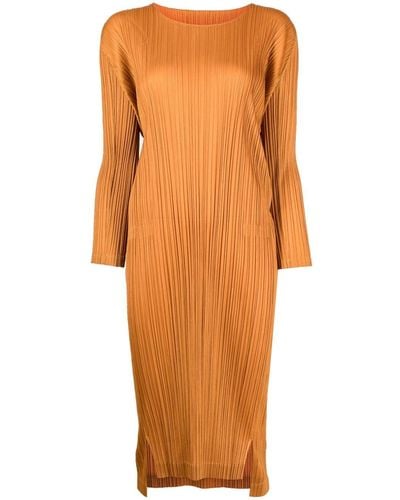 Pleats Please Issey Miyake Pleated Long-sleeve Midi Dress - Orange