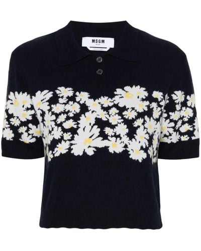 MSGM Floral-jacquard Knitted Polo - Blue