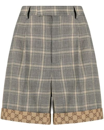 Gucci Prince Of Wales Check Print Tailored Shorts - Women's - Wool/linen/flax - Gray