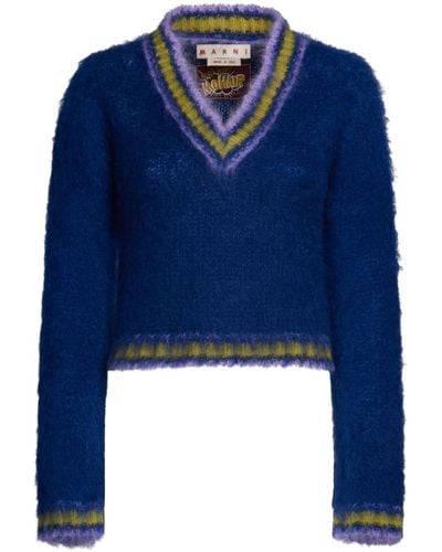 Marni Striped-trim Mohair-blend Jumper - Blue