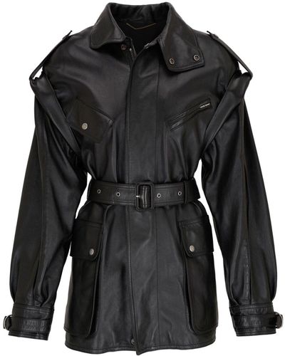 Saint Laurent Belted Leather Coat - Black