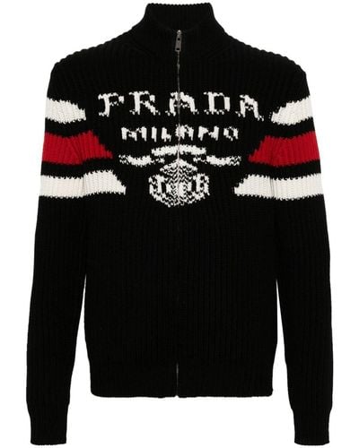 Prada Cardigan à logo en jacquard - Noir