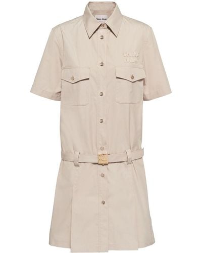 Miu Miu Logo-appliqué Belted Cotton Shirtdress - Natural