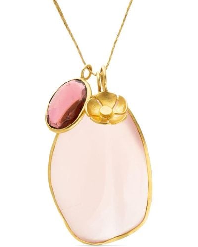 Pippa Small 18kt Yellow Gold Flower Amulet Pink Quartz And Tourmaline Necklace - Metallic