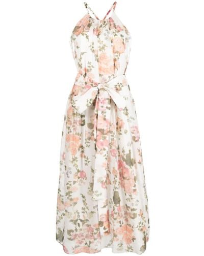Erdem Zinnia Tie-belt Floral-print Silk And Cotton-blend Voile Midi Dress - White