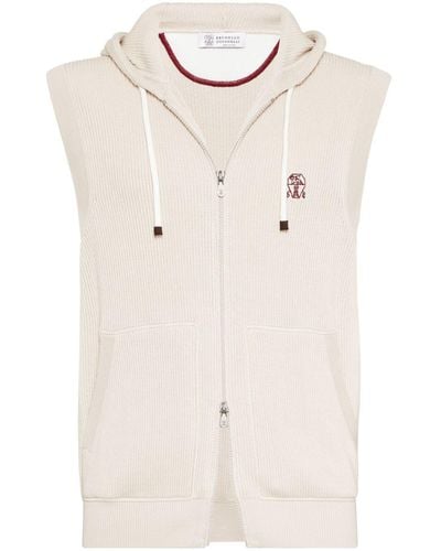 Brunello Cucinelli Logo-embroidered Ribbed Gilet - Natural