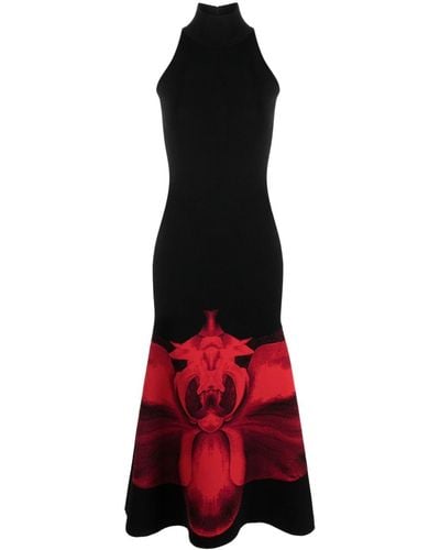 Alexander McQueen Vestido largo de cuello alto floral - Rojo