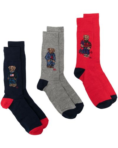 Polo Ralph Lauren 3er-Set Intarsien-Socken mit Polo Bear - Rot