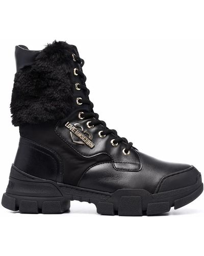Love Moschino Fur Panel Lace-up Boots - Black