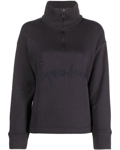 Emporio Armani Logo-embroidered Quarter-zip Sweatshirt - Black