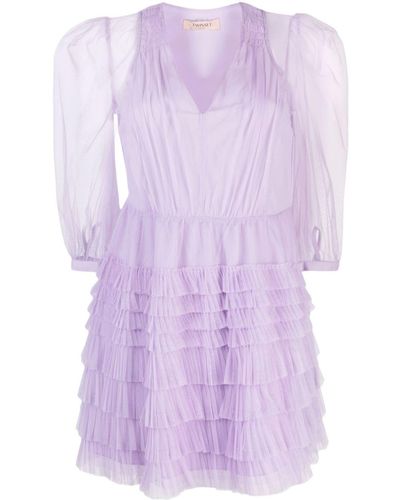 Twin Set Tulle-overlay Ruffled Minidress - Purple