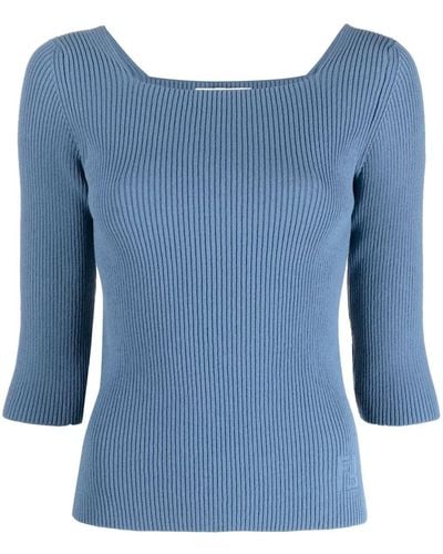 Fendi Square-neck Ribbed-knit Top - Blue