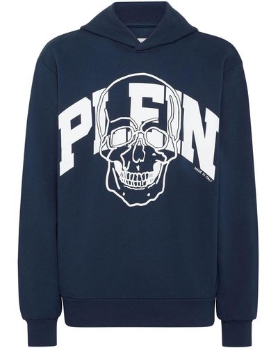 Philipp Plein Skull logo-print cotton hoodie - Blau