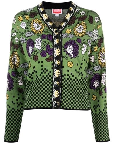 KENZO Cardigan Floral Archive à fleurs en jacquard - Vert