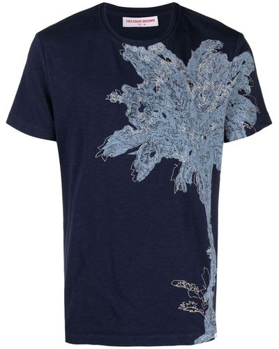 Orlebar Brown Palm-tree-print Organic-cotton-linen-blend T-shirt - Blue