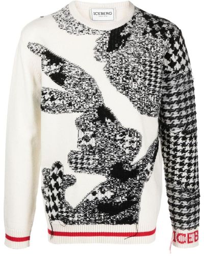 Iceberg Cartoon-graphic Houndstooth Sweater - Gray