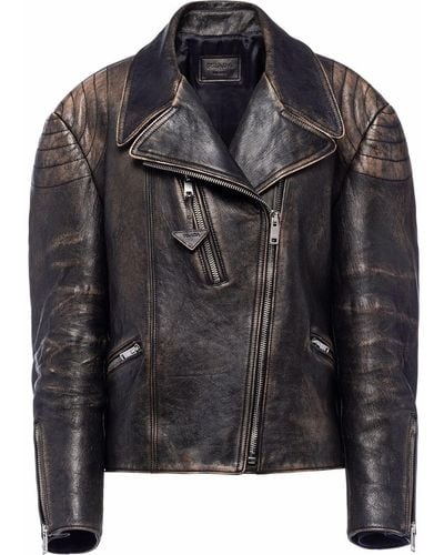 Prada Faded Leather Biker Jacket - Black