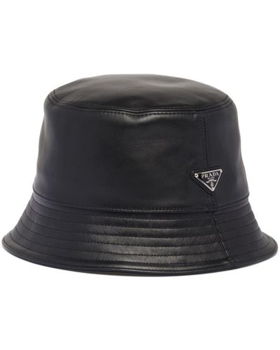 Prada Brand-plaque Wide-brim Leather Bucket Hat - Black