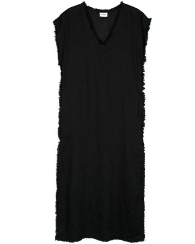 P.A.R.O.S.H. Frayed Linen Midi Dress - Black