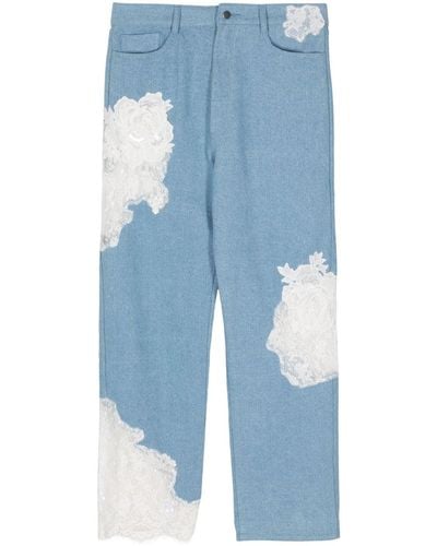 Collina Strada Floral Lace Detailing Cotton Jeans - Blue