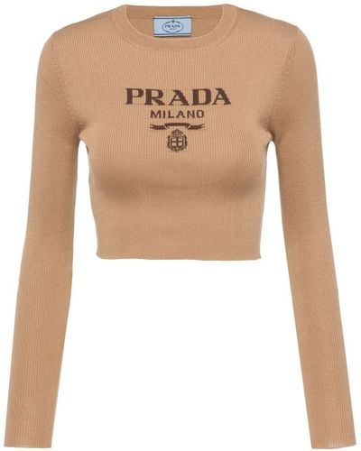 Prada Silk Cropped Logo Jumper - Natural