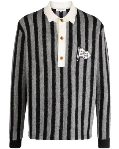 Maison Kitsuné Logo-patch Striped Polo Shirt - Black