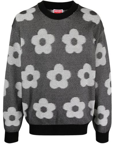 KENZO Floral-intarsia Knit Cotton Sweater - Gray