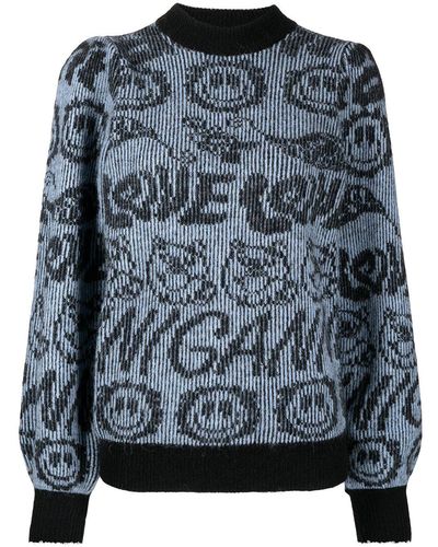 Ganni Blue Smiley-logo Intarsia-knit Sweater - Black