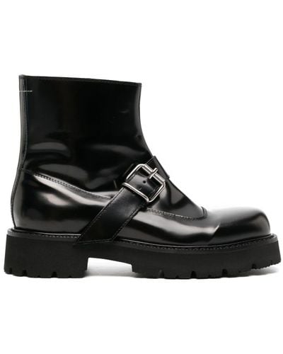MM6 by Maison Martin Margiela Buckled Leather Ankle Boots - Black