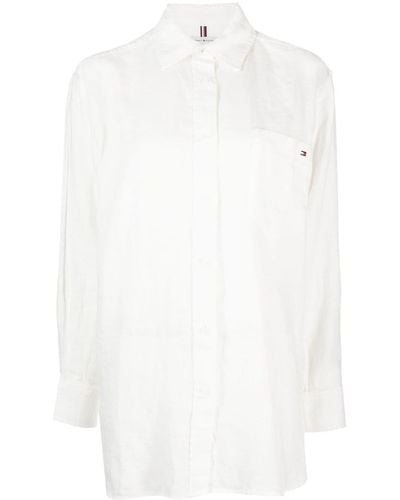 Tommy Hilfiger Embroidered-logo Long-sleeve Linen Shirt - White