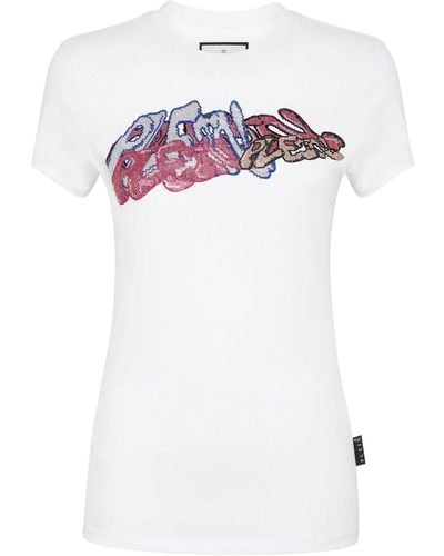 Philipp Plein Crystal-embellished Graffiti-logo T-shirt - White