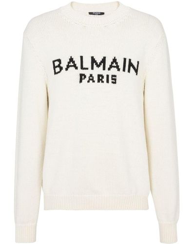 Balmain Jacquard Logo Knitted Jumper - White