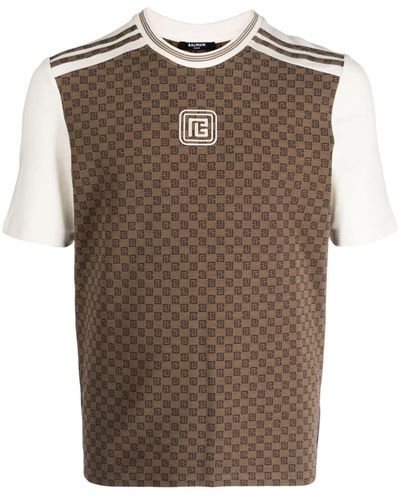 Balmain monogram-pattern Stretch-cotton T-Shirt - Brown