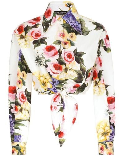 Dolce & Gabbana Floral-print Cotton Cropped Shirt - Natural