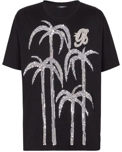 Balmain Sequin-embellished Cotton T-shirt - Black