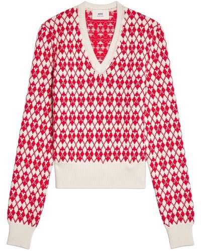 Ami Paris Ami De Coeur Argyle Jumper - Red