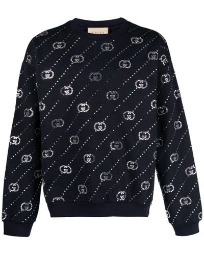 Gucci Striped Interlocking G-crystal Cotton Sweatshirt - Blue
