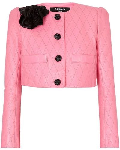 Balmain Diamond-quilted Cropped Leather Jacket - Pink