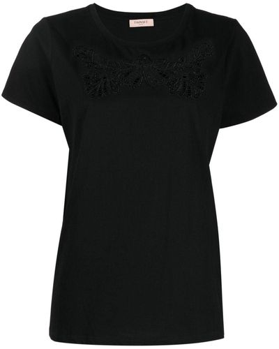 Twin Set Floral-embellished Cotton T-shirt - Black